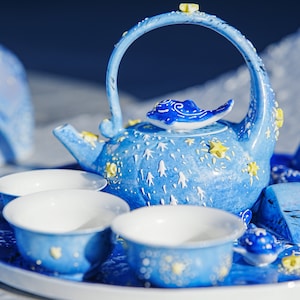Blue tea set ocean ceramic whlae tea set with 3 whale tea cups, 1 tea pot, large handmade whale plate gift for her housewarmig gift imagen 7