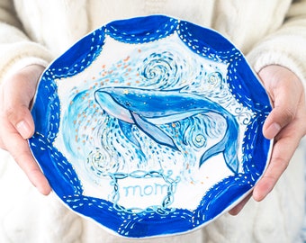 Custom Whale Plate, Personalized Ceramic Plate, Handpainted Whale Decor, Girls Birthday Plate, Birthday Plate, Mother's Day Gift Plate, Y2K
