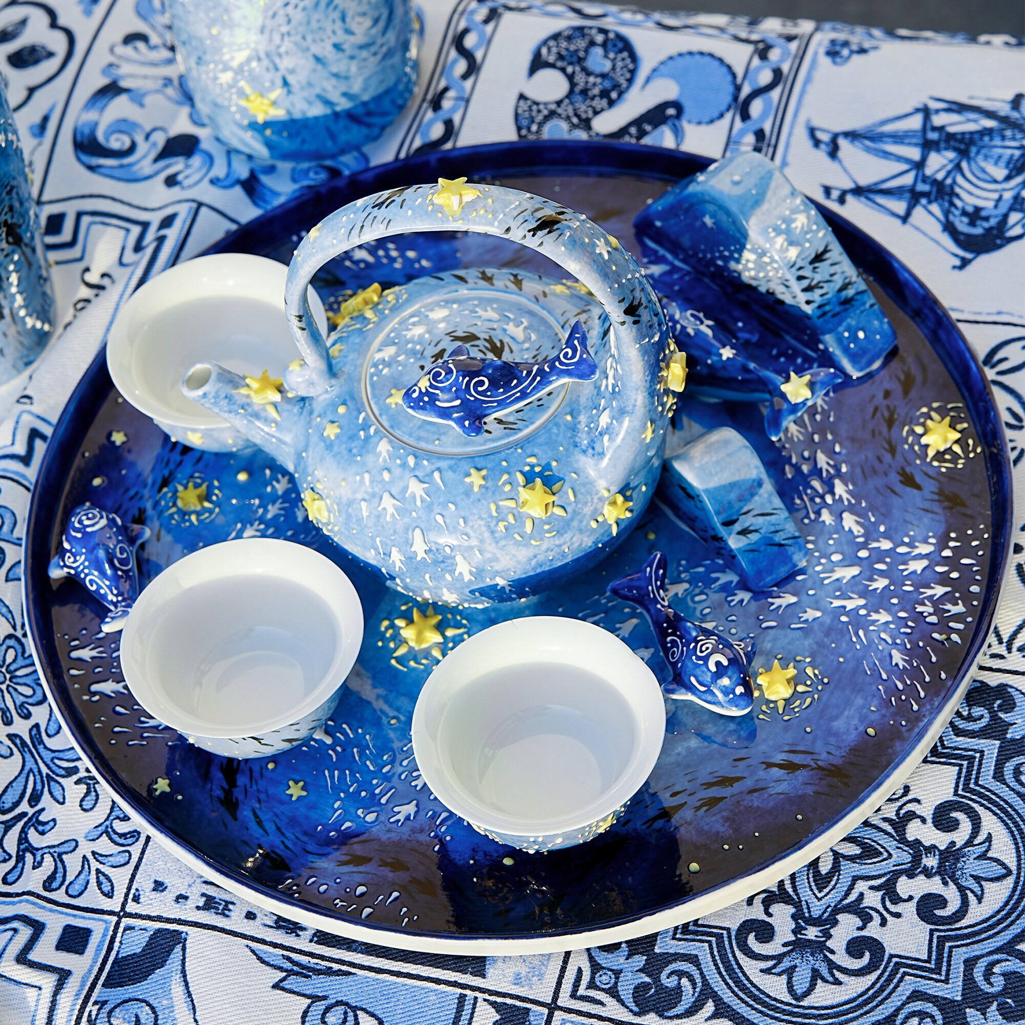 Blue Tea Set Ocean Ceramic Whlae Tea Set With 3 Whale Tea Cups, 1 Tea Pot, Large Handmade Whale