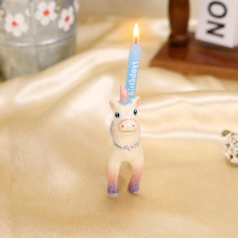 Handmade Ceramic Unicorn Cake Candle Holder - Cute Unicorn with Pastel Party Hat, Unique Cake Topper for Birthdays and Special Occasions image 2