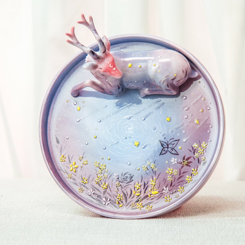 Handpainted Purple Christmas Deer Ceramic Plate Celestial Winter Forest Ceramic Tray Whimsical Decor Magic Goblincore Pottery Dish image 9