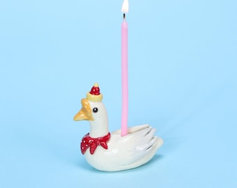 Handmade Cute Birthday Hat Ceramic Goose Cake Topper Birthday Candle Holder Animal Pottery Figurine Cottagecore Collectable Heirloom Gift