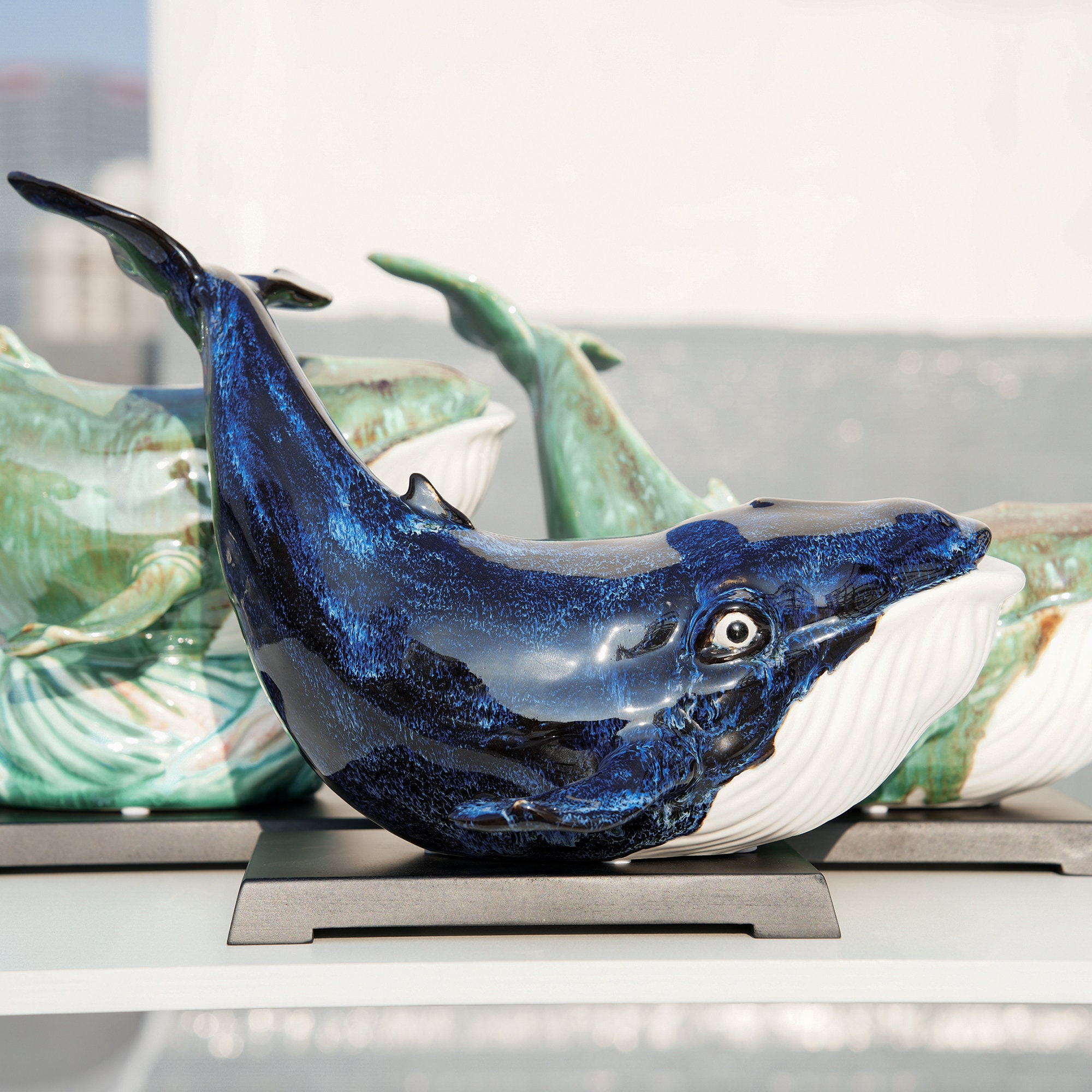Ceramic Whale Sculpture Green&blue Whale Ornament Whale Sculpture
