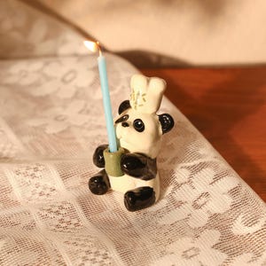 Handmade Ceramic Panda Cake Candle Holder Cute Panda with Chef Hat Holding Candle, Fun Birthday Cake Topper, Unique Animal Cake Decoration