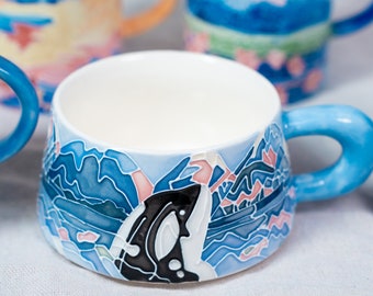Wal Kaffeetasse Keramik Handgefertigte Orca Keramik Tasse Handbemalte Ocean Becher Marine Trinkglas Wohnkultur Sakura Moutain Cottagecore Sealife