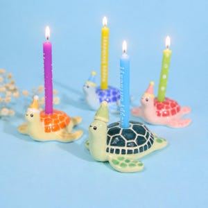 May include: Four ceramic turtle-shaped candle holders in yellow, blue, pink, and green, each wearing a small party hat. Each turtle holds a lit birthday candle in colors of purple, yellow, blue, and green, with the blue candle labeled Happy Birthday.