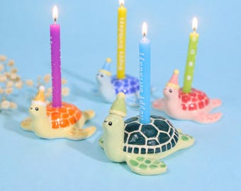 Colorful Sea Turtle Cake Topper Collection Hand Painted Ceramic Candle Holder Green Orange Blue Pink Shell Ocean Birthday Party Gift