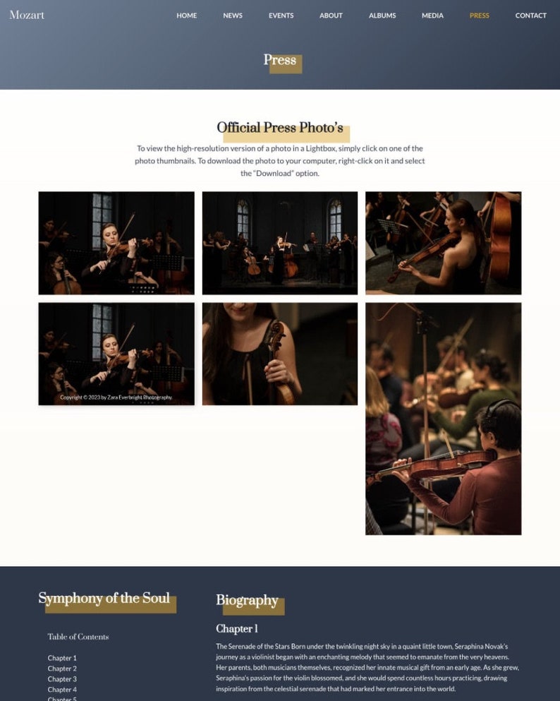 Peut inclure: Un site web pour une violoniste nomm&eacute;e Seraphina Novak. Le site web pr&eacute;sente une biographie, une table des mati&egrave;res pour son livre "Symphonie de l'&acirc;me" et une galerie de photos de presse.