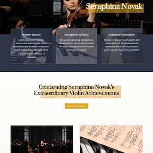 Peut inclure: Page d'accueil du site Web d'une violoniste nomm&eacute;e Seraphina Novak. Le site Web pr&eacute;sente une photo de Seraphina jouant du violon, ainsi que du texte sur sa carri&egrave;re et ses r&eacute;alisations. Le site Web comprend &eacute;galement des liens vers ses albums, ses m&eacute;dias et sa presse.