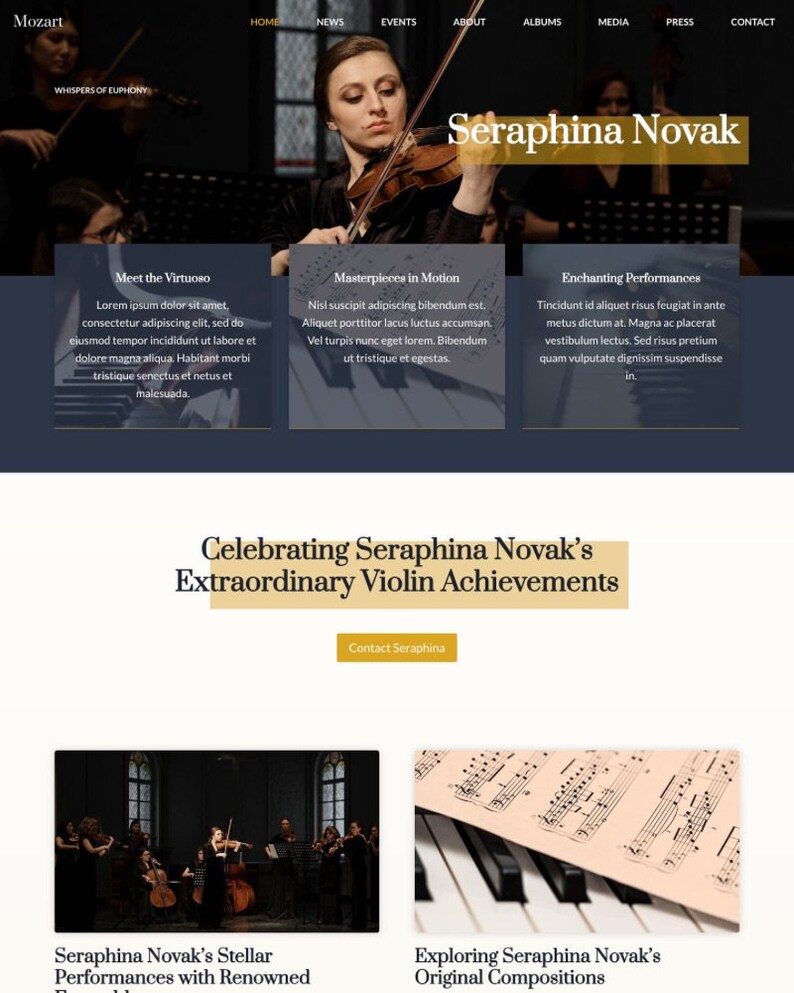 Peut inclure: Page d'accueil du site Web d'une violoniste nomm&eacute;e Seraphina Novak. Le site Web pr&eacute;sente une photo de Seraphina jouant du violon, ainsi que du texte sur sa carri&egrave;re et ses r&eacute;alisations. Le site Web comprend &eacute;galement des liens vers ses albums, ses m&eacute;dias et sa presse.