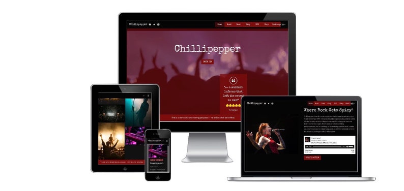 May include: A website for the band Chillipepper, displayed on a desktop computer, laptop, tablet, and smartphone. The website has a red background with the band's name in white text. The website also includes a photo of the band, a review of their music, and a link to their music.