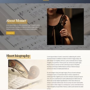 Peut inclure: Un site web sur Mozart avec une photo d'une femme tenant un violon. Le texte sur la page comprend "About Mozart", "Short biography", et une citation sur Mozart.