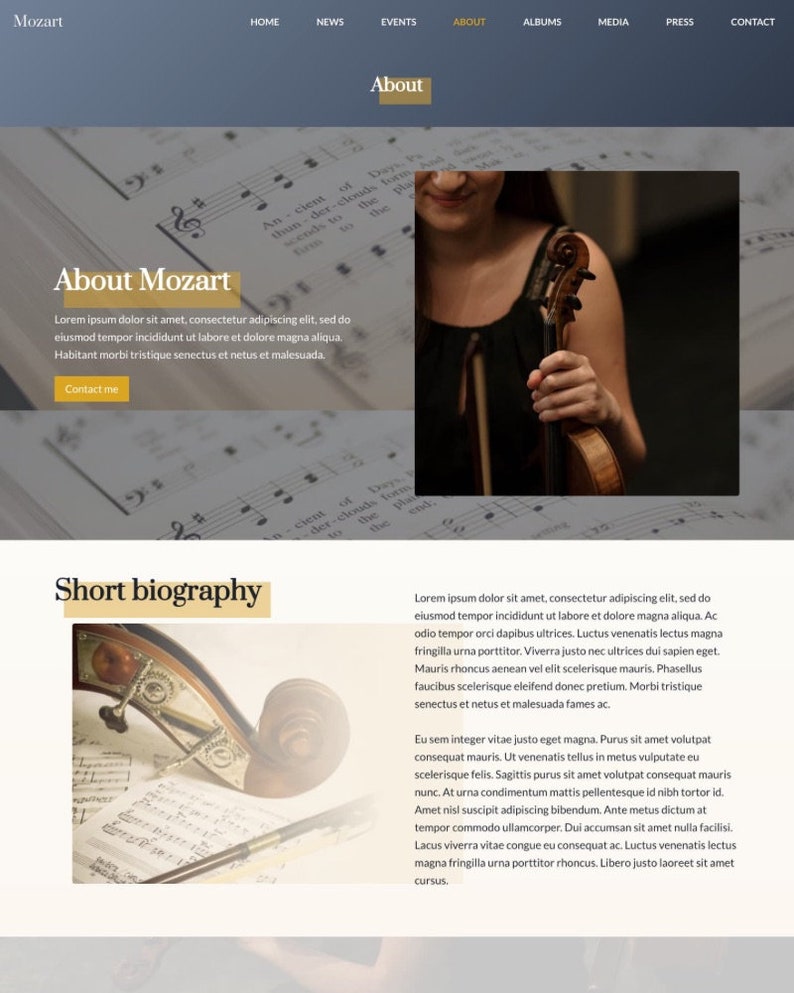 Peut inclure: Un site web sur Mozart avec une photo d'une femme tenant un violon. Le texte sur la page comprend "About Mozart", "Short biography", et une citation sur Mozart.