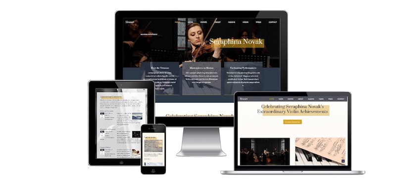 Peut inclure: Un site web pr&eacute;sentant le travail de la violoniste Seraphina Novak. Le site web pr&eacute;sente une palette de couleurs noire et or et comprend des images de Novak jouant du violon, une partition musicale et un groupe de musiciens en train de jouer.