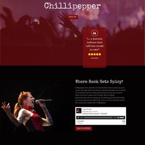 May include: A website for a rock band called Chillipepper. The website features a photo of the band performing live, a quote from a newspaper review, and a call to action to book the band. The website also includes a music player with a song called "East Ender".