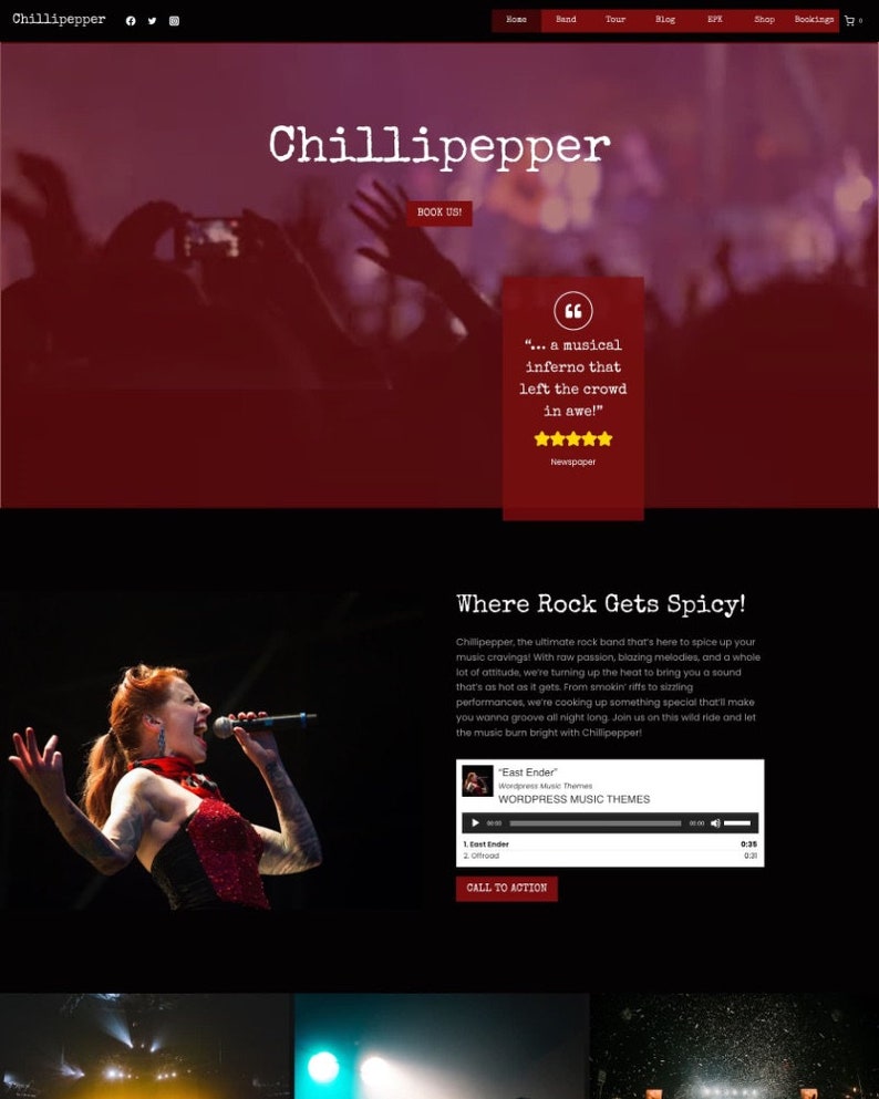 May include: A website for a rock band called Chillipepper. The website features a photo of the band performing live, a quote from a newspaper review, and a call to action to book the band. The website also includes a music player with a song called "East Ender".