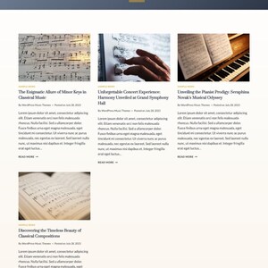 Peut inclure: Une capture d'&eacute;cran d'un site Web pr&eacute;sentant quatre articles sur la musique classique. Les articles sont intitul&eacute;s "The Enigmatic Allure of Minor Keys in Classical Music", "Unforgettable Concert Experience: Harmony Unveiled at Grand Symphony Hall", "Unveiling the Pianist Prodigy: Seraphina Novak's Musical Odyssey", et "Discovering the Timeless Beauty of Classical Compositions".