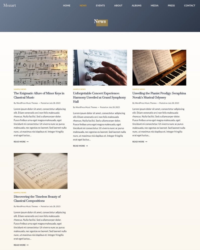 Peut inclure: Une capture d'&eacute;cran d'un site Web pr&eacute;sentant quatre articles sur la musique classique. Les articles sont intitul&eacute;s "The Enigmatic Allure of Minor Keys in Classical Music", "Unforgettable Concert Experience: Harmony Unveiled at Grand Symphony Hall", "Unveiling the Pianist Prodigy: Seraphina Novak's Musical Odyssey", et "Discovering the Timeless Beauty of Classical Compositions".