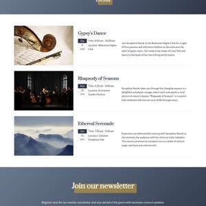 Peut inclure: Un site web pour un groupe musical appel&eacute; Mozart. Le site web pr&eacute;sente une banni&egrave;re avec le mot "&Eacute;v&eacute;nements" et une liste d'&eacute;v&eacute;nements &agrave; venir, notamment "Gypsy's Dance", "Rhapsody of Seasons" et "Ethereal Serenade".