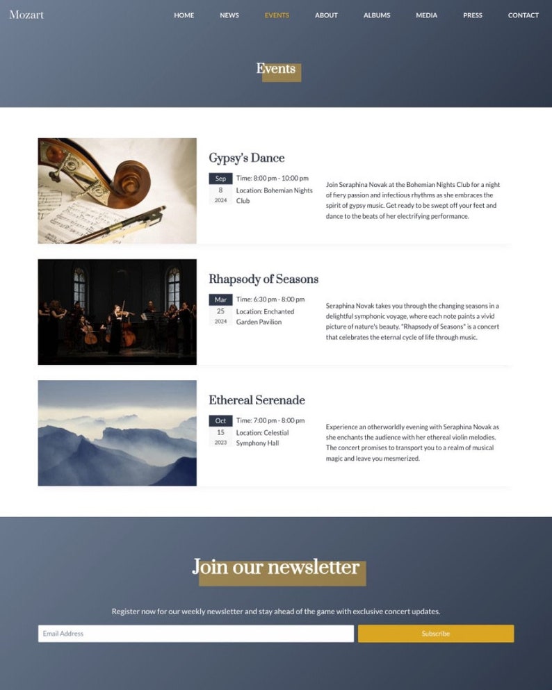 Peut inclure: Un site web pour un groupe musical appel&eacute; Mozart. Le site web pr&eacute;sente une banni&egrave;re avec le mot "&Eacute;v&eacute;nements" et une liste d'&eacute;v&eacute;nements &agrave; venir, notamment "Gypsy's Dance", "Rhapsody of Seasons" et "Ethereal Serenade".