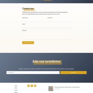 Peut inclure: Capture d'&eacute;cran d'un site Web avec un formulaire de contact comprenant des champs pour le pr&eacute;nom, le nom, l'adresse e-mail et le message. Le site Web propose &eacute;galement un formulaire d'inscription &agrave; la newsletter avec un champ de texte pour l'adresse e-mail et un bouton intitul&eacute; "S'abonner". Le site Web a un fond bleu fonc&eacute; avec des accents dor&eacute;s.