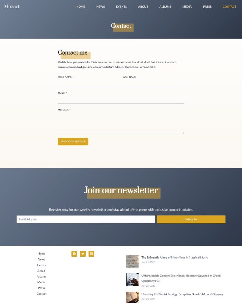 Peut inclure: Capture d'&eacute;cran d'un site Web avec un formulaire de contact comprenant des champs pour le pr&eacute;nom, le nom, l'adresse e-mail et le message. Le site Web propose &eacute;galement un formulaire d'inscription &agrave; la newsletter avec un champ de texte pour l'adresse e-mail et un bouton intitul&eacute; "S'abonner". Le site Web a un fond bleu fonc&eacute; avec des accents dor&eacute;s.