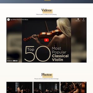 Peut inclure: Une capture d'&eacute;cran d'un site Web montrant une vid&eacute;o d'une femme jouant du violon. La vid&eacute;o est intitul&eacute;e "Top 50 Best Classical Violin Music". Le site Web propose &eacute;galement une section pour les photos, avec trois images de violonistes en train de jouer.
