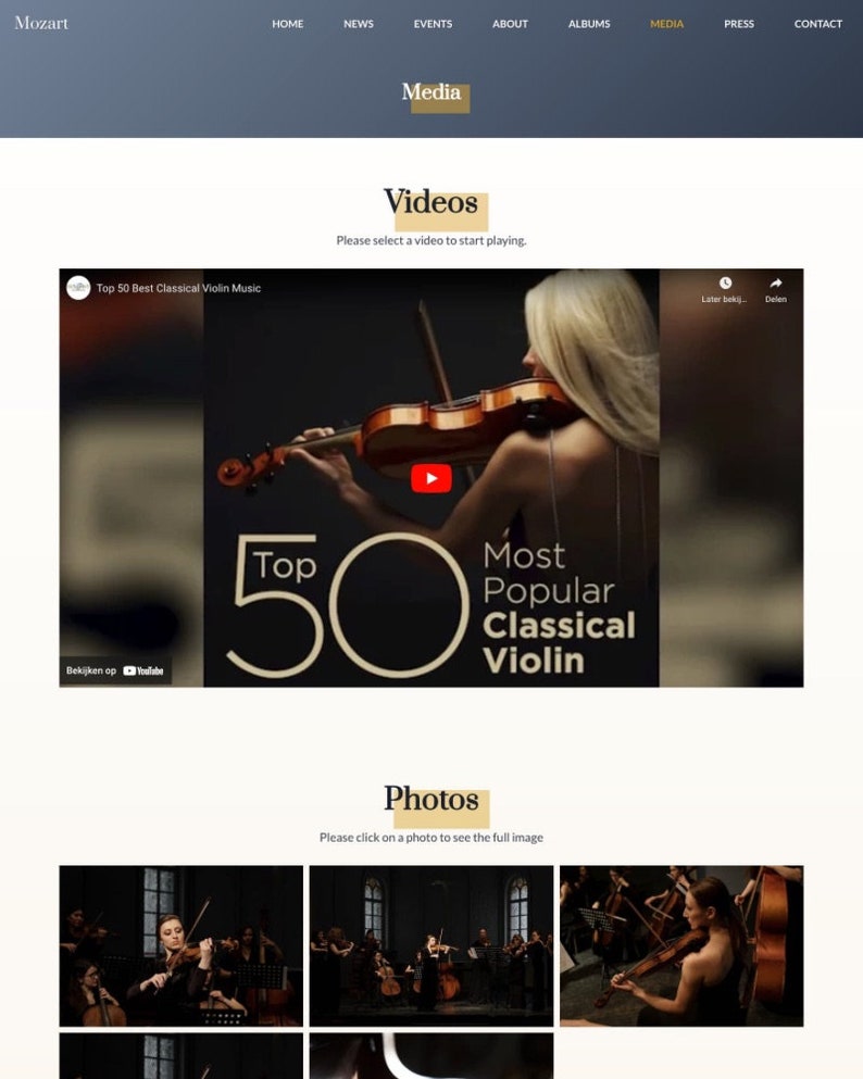 Peut inclure: Une capture d'&eacute;cran d'un site Web montrant une vid&eacute;o d'une femme jouant du violon. La vid&eacute;o est intitul&eacute;e "Top 50 Best Classical Violin Music". Le site Web propose &eacute;galement une section pour les photos, avec trois images de violonistes en train de jouer.