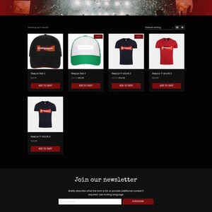 May include: A black background with a red and white logo that says "Chillipepper". The page is for an online store selling hats and t-shirts. There are five products displayed: a black baseball cap with a red and white logo, a green and white trucker hat with a white logo, a navy blue t-shirt with a red and white logo, a red t-shirt with a red and white logo, and a black t-shirt with a red and white logo. The page also includes a section for joining the newsletter and a section for upcoming events.