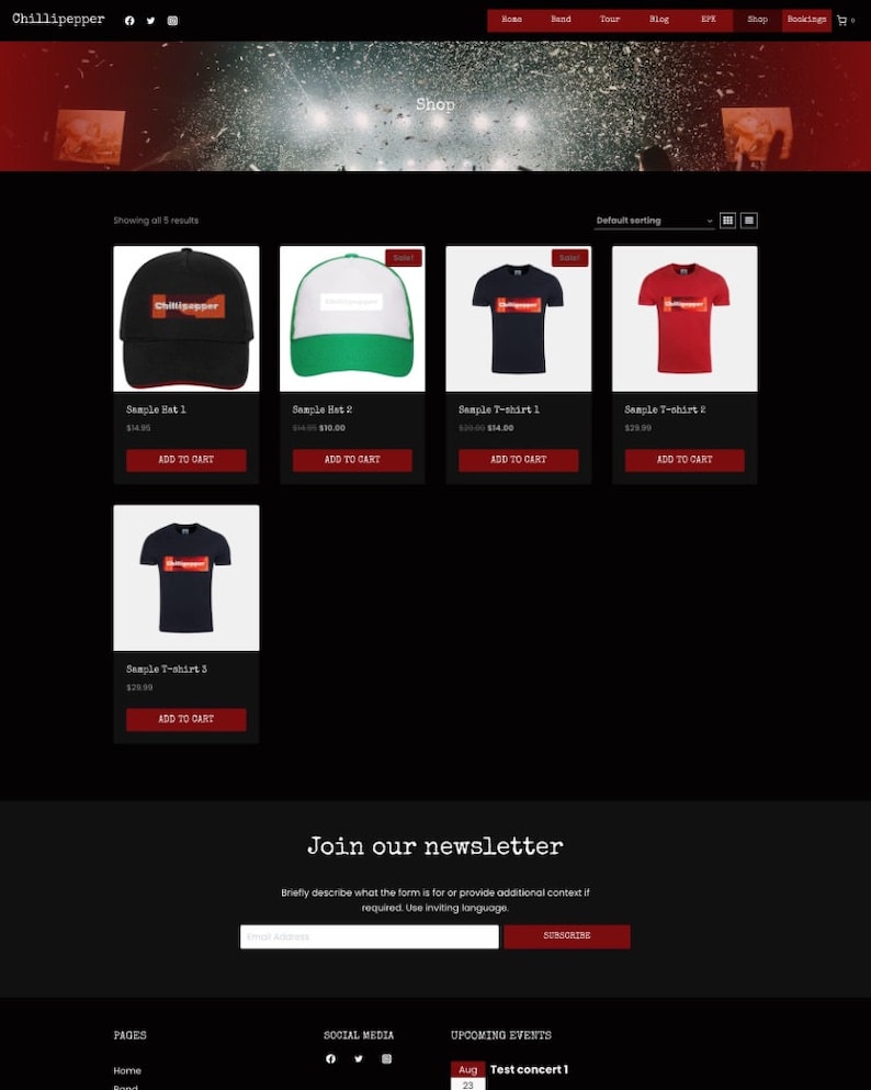 May include: A black background with a red and white logo that says "Chillipepper". The page is for an online store selling hats and t-shirts. There are five products displayed: a black baseball cap with a red and white logo, a green and white trucker hat with a white logo, a navy blue t-shirt with a red and white logo, a red t-shirt with a red and white logo, and a black t-shirt with a red and white logo. The page also includes a section for joining the newsletter and a section for upcoming events.
