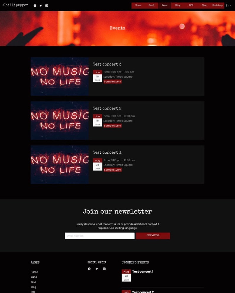 May include: A website for a band called Chillipepper. The website features a black background with red text and images. The website includes information about the band, their upcoming events, and a newsletter signup form.
