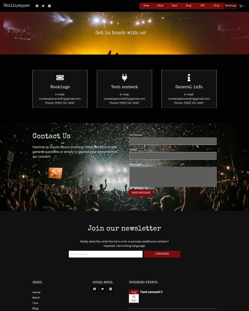 May include: A website for a band called Chillipepper. The website has a black background with red and yellow accents. The website includes information about the band, their music, and upcoming events. The website also has a contact form and a newsletter signup form.