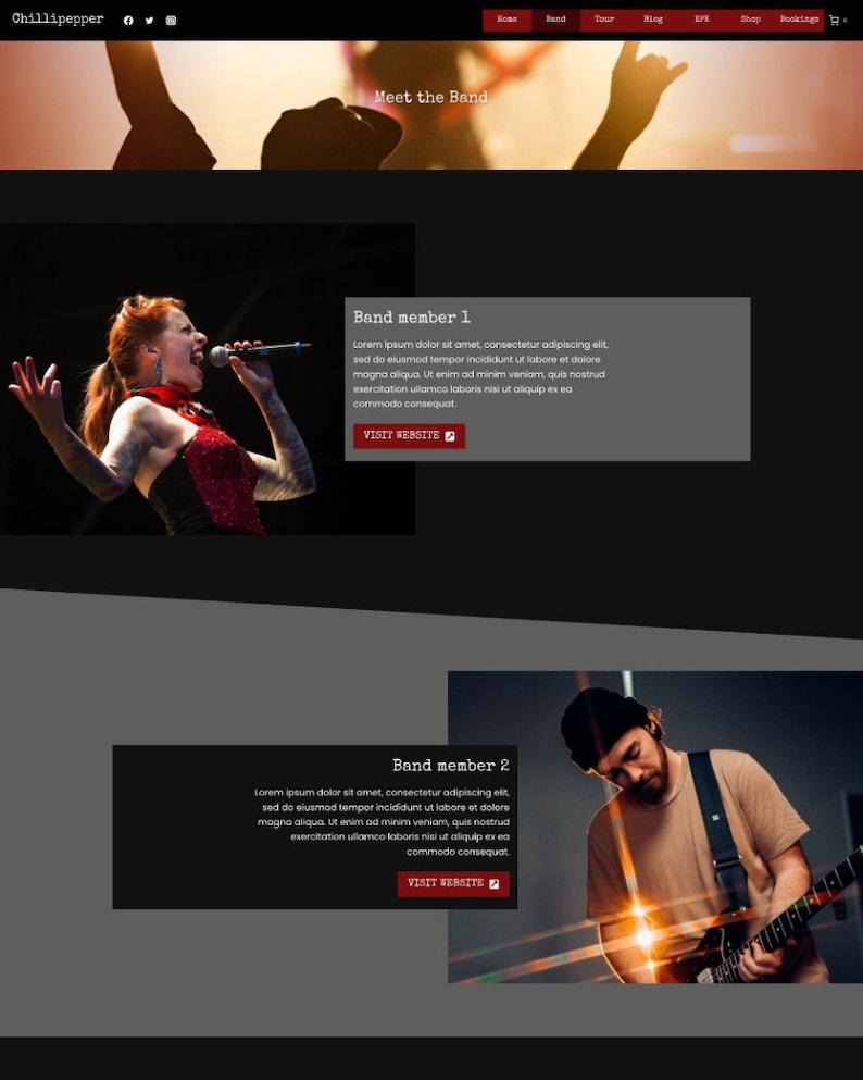 May include: A website for a band called Chillipepper. The website features a photo of the band members on stage, with a section for each member that includes their name, a photo, and a brief bio. The website also includes links to the band's social media pages, music, and merchandise.
