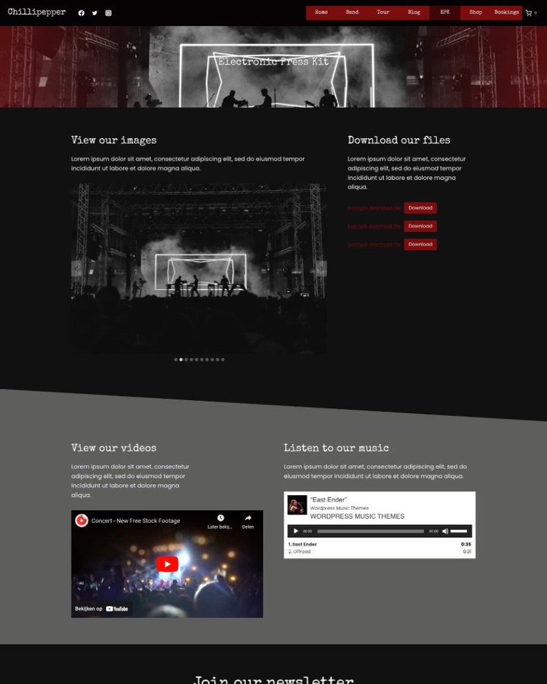May include: A website screenshot for a band called Chillipepper. The website features a black and white image of the band performing on stage. The website also includes links to the band's music, videos, and social media pages. The text "Electronic Press Kit" is displayed in a white box on the top of the page.