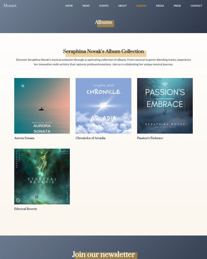 Peut inclure: Capture d'&eacute;cran d'un site Web montrant une collection de pochettes d'album de Seraphina Novak. Les pochettes d'album pr&eacute;sentent une vari&eacute;t&eacute; de couleurs et de designs, notamment une pochette bleue et blanche avec le titre "Aurora Sonata", une pochette bleue et blanche avec le titre "Chronicles of Arcadia", une pochette bleue et blanche avec le titre "Passion's Embrace" et une pochette bleue et blanche avec le titre "Ethereal Reverie".