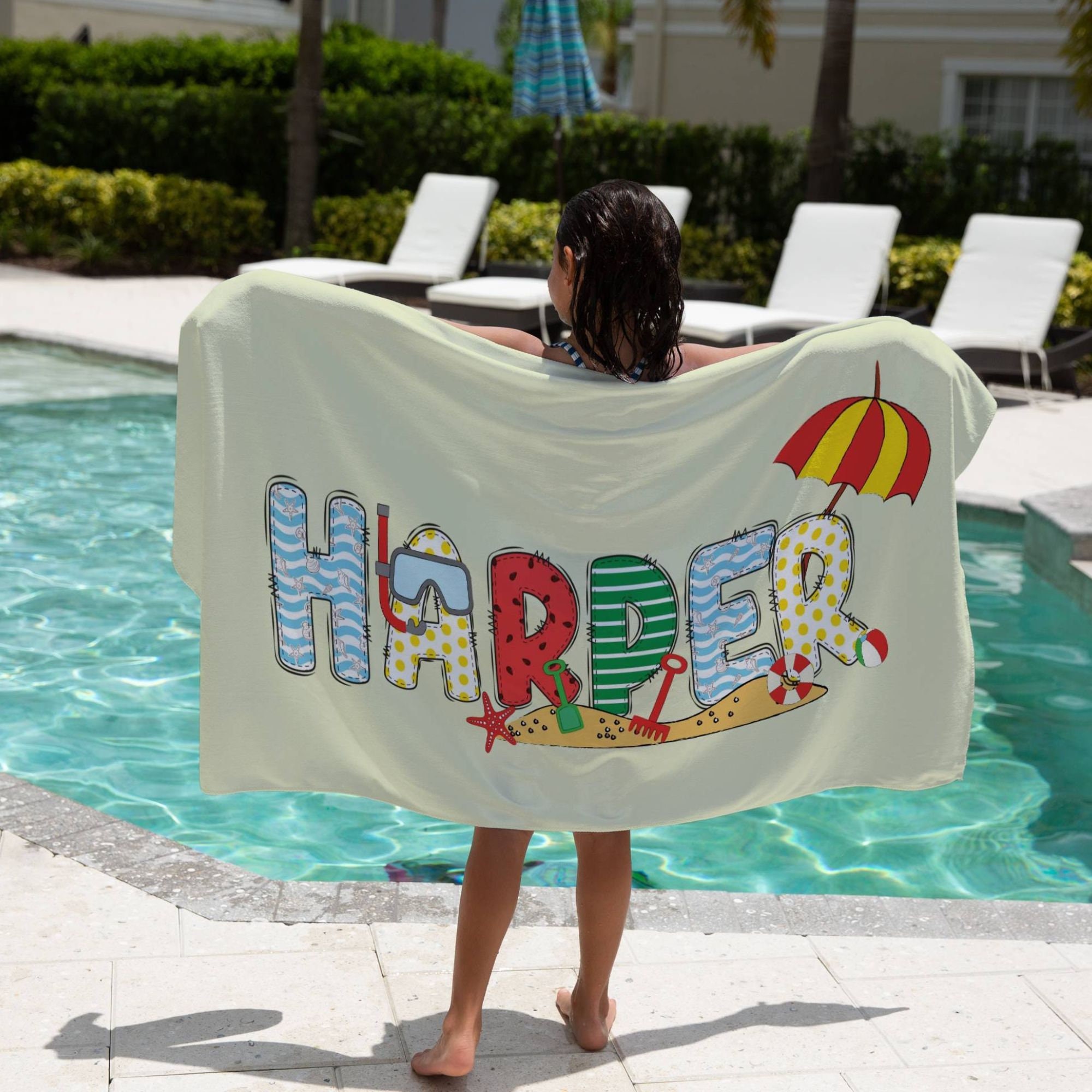 Custom Name Kid Beach Towel Gift Kid Pool Towel Name Birthday Party Favor Girl Beach Towel Boy Name Beach Themed Towel Kid Summer Camp Towel