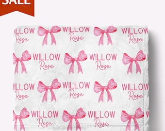 Personalized Pink Bow Baby Blanket Baby Girl Blanket Baby Shower Gift For Baby Girl Pink Bow Nursery Blanket Coquette Toddler Birthday Gift