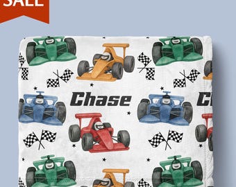 Personalized Race Car Blanket with Name Custom Racing Boy Blanket Birthday Boy Gift Checker Flag Blanket Racing Christmas Gift Baby Shower