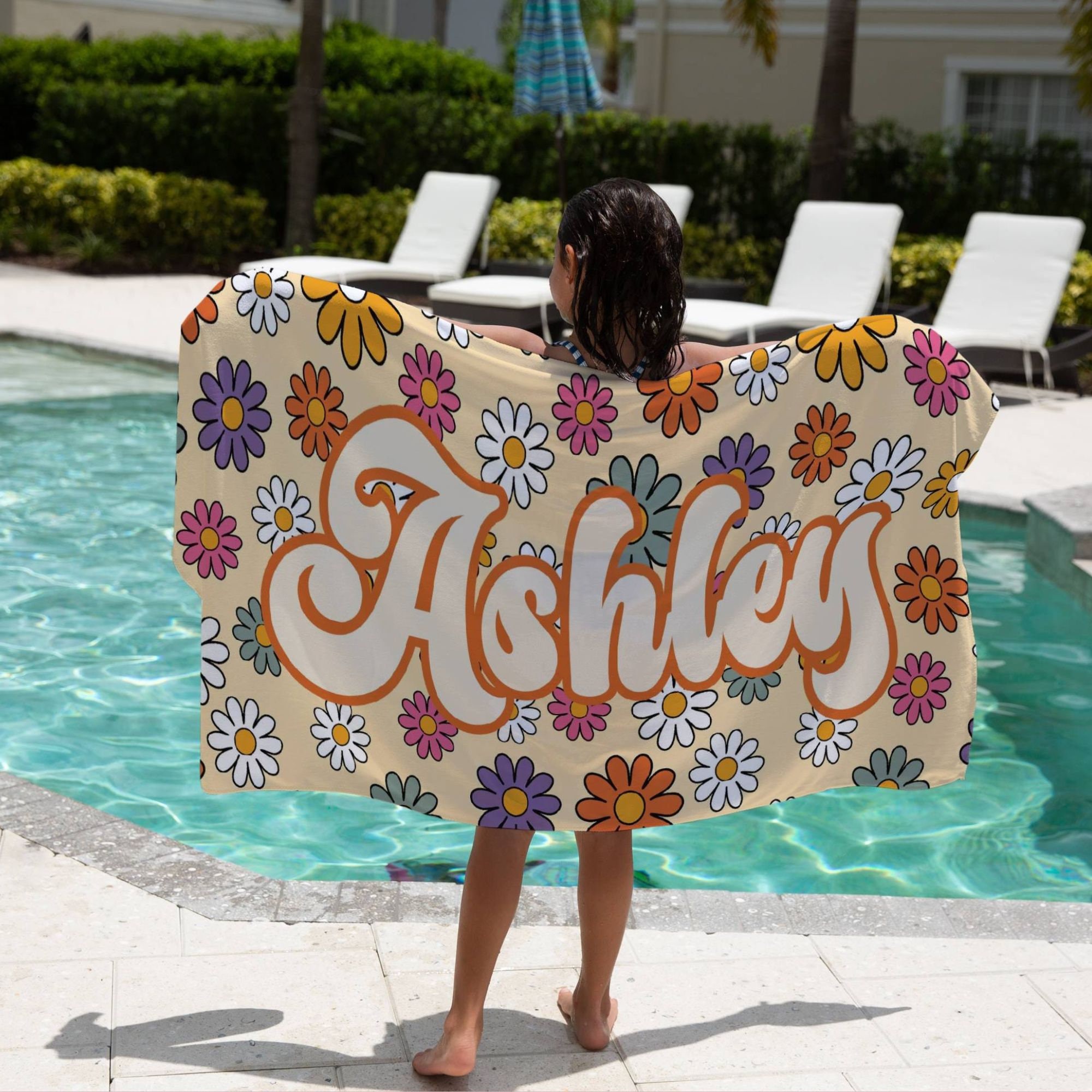 Custom Daisy Beach Towel Personalized Flower Kid Beach Towel Toddler Name Pool Towel Birthday Gift Floral Beach Towel Outside Vacation Gift