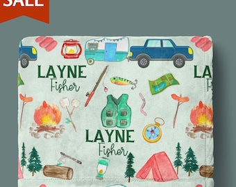 Personalized Camping Toddler Blanket Woodland Fishing Baby Blanket with Name Adventure Awaits Baby Shower Gift Boy Birthday Gift Grandson