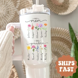 Personalized Mom Now Grandma 40oz Tumbler  Birth Flower Gift for Grandma Mom Custom Name Mothers Day Tumbler