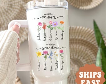 Personalized Mom Now Grandma 40oz Tumbler  Birth Flower Gift for Grandma Mom Custom Name Mothers Day Tumbler