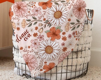 Boho Flower Girl Name Blanket Toddler Girl Gift Flower Baby Shower Gift Wildflower Newborn Baby Girl Name Blanket Floral Girl Daisy Blanket