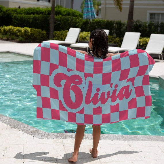 Checkered Beach Towel Retro Name Beach Towel Personalized Kid Pool Towel Vacation Beach Towel Gift Birthday Gift For Girl Boy Beach Towel