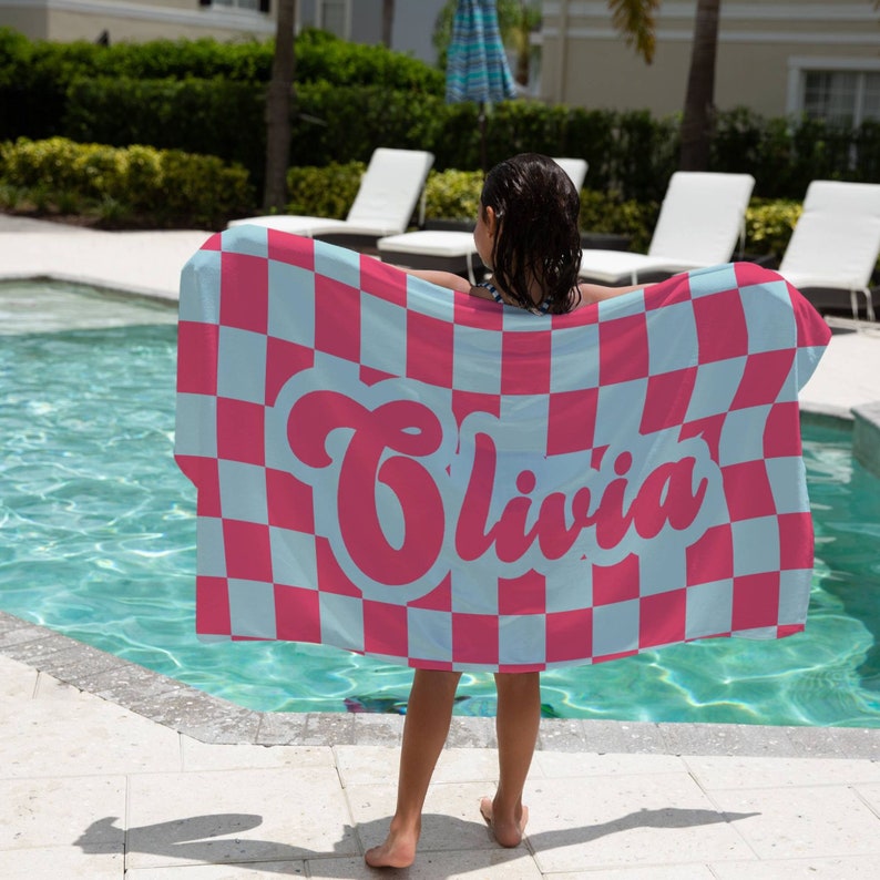 Checkered Beach Towel Retro Name Beach Towel Personalized Kid Pool Towel Vacation Beach Towel Gift Birthday Gift For Girl Boy Beach Towel