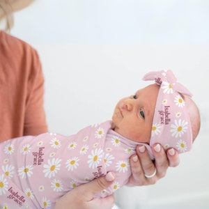 Pink Daisy Flower Baby Swaddle Blanket Baby Boy Shower Gift Hospital Home Outfit Name Announcement Flower Swaddle Blanket Hat Set With Name 