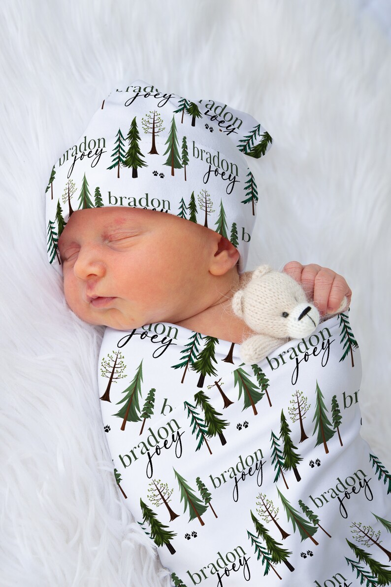 Personalized Woodland Baby Name Custom Swaddle Set Newborn Baby