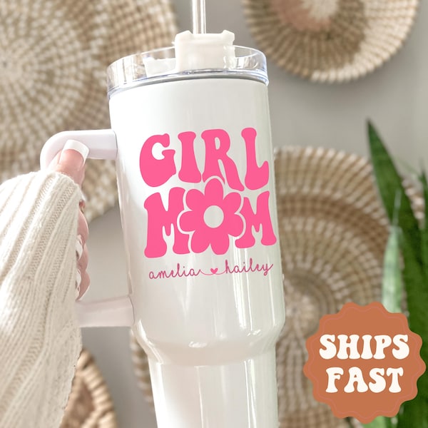 Vaso personalizado para mamá de niña, vaso de 40 oz con asa, regalo para mamá primeriza, vaso para mamá con nombres de niños, regalo para mamá de niñas