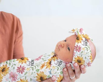 Personalized Sunflower Baby Swaddle Blanket: Custom Newborn Gift