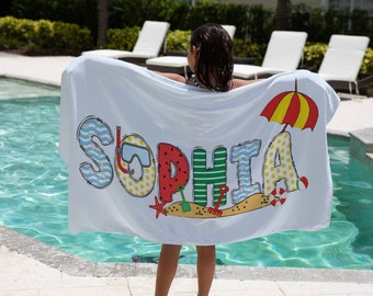 Custom Name Kid Beach Towel Gift Kid Pool Towel Name Birthday Party Favor Girl Beach Towel Boy Name Beach Themed Towel Kid Summer Camp Towel
